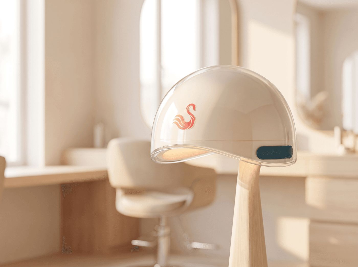 Concept render of nielle — a translucent dome treatment device on a pedestal stand, marked with an abstract swan emblem, in a softly blurred modern salon