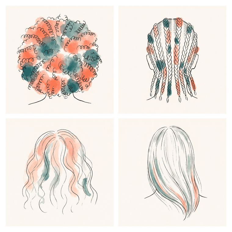 Loose line-sketch illustrations of four different hair types — natural 4C coils, cornrow braids, fine wavy hair, and gracefully thinning silver hair (no faces)